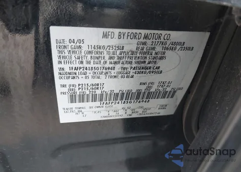 2005 Ford Five Hundred Sel z USA, uszkodzony, nr VIN 1FAFP24185G176948